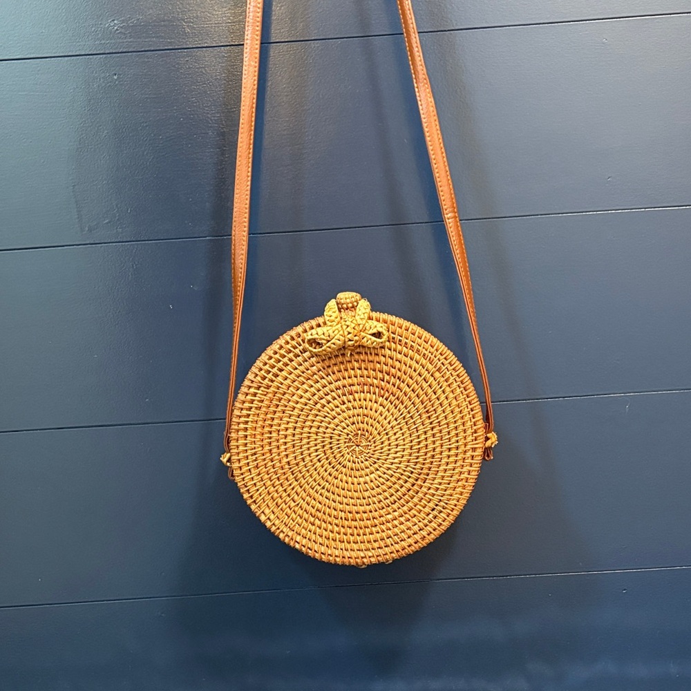 Round Woven Tan Crossbody Bag